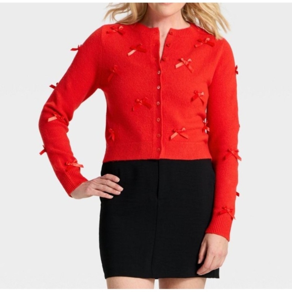 Women's Long Sleeve Party Cardigan Sweater - A New Day size S red